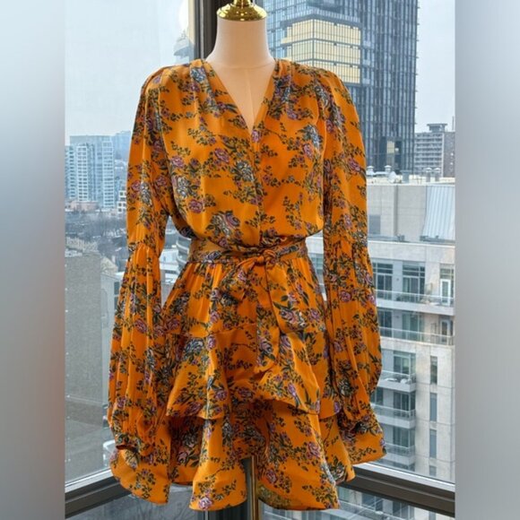 🆕 BRONX & BANCO 🧿NWOT Hanna Floral Tiered Ruffle Mini Dress, Marigold Sz M US6 - Picture 4 of 12